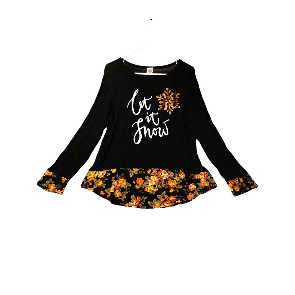 Color Bear Top Women's XL Long Sleeve Lightweight Jersey Knit Black Floral